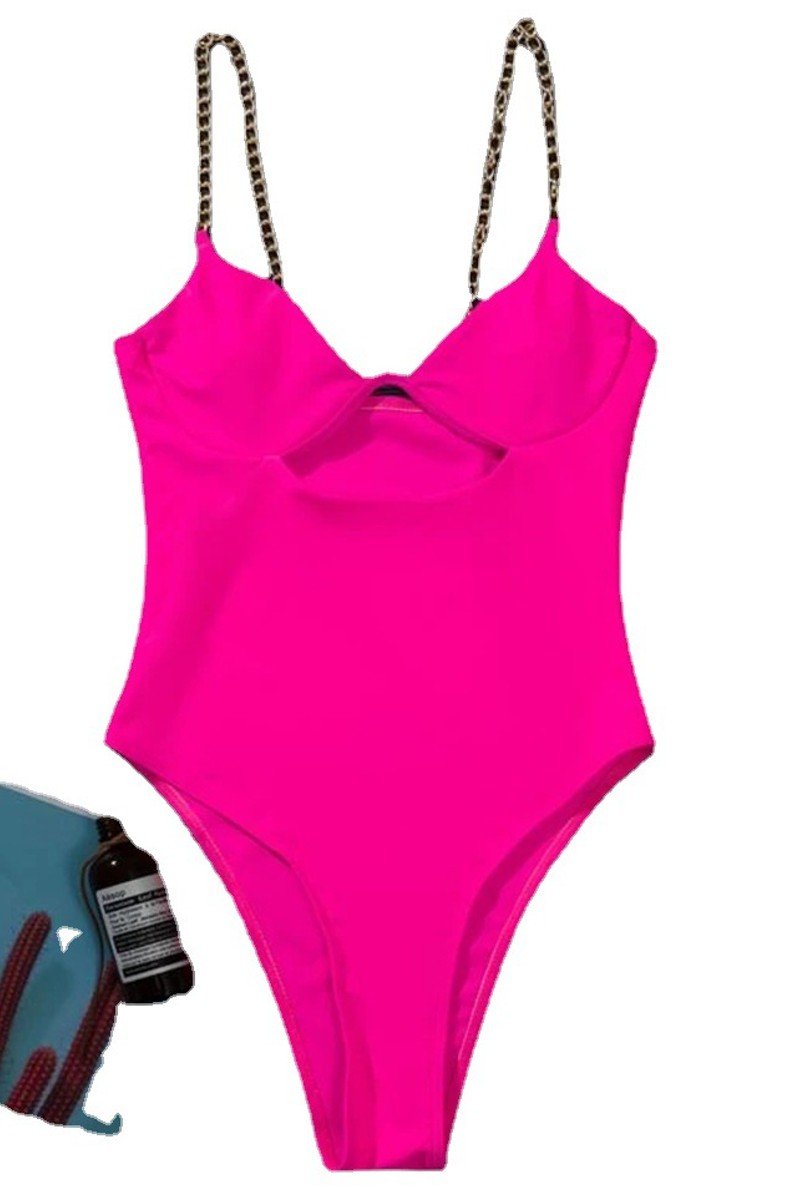 Load image into Gallery viewer, Pink One Piece Swimsuit With Chain Straps
