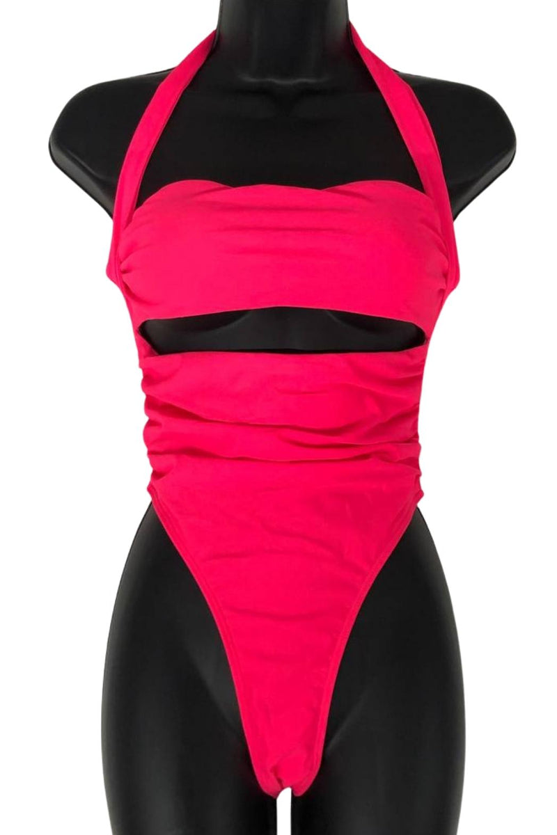 Load image into Gallery viewer, Pink Ruched Halter Cut Out One Piece Swimsuit Swimwear
