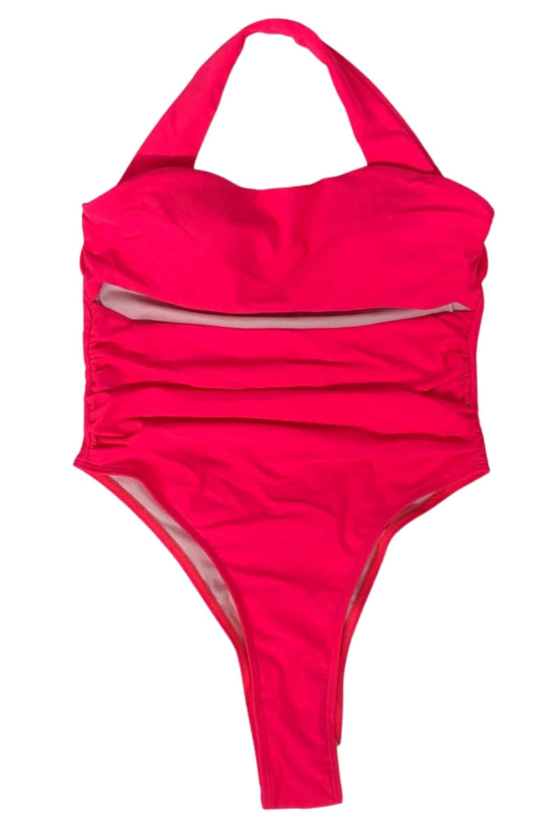 Load image into Gallery viewer, Pink Ruched Halter Cut Out One Piece Swimsuit Swimwear
