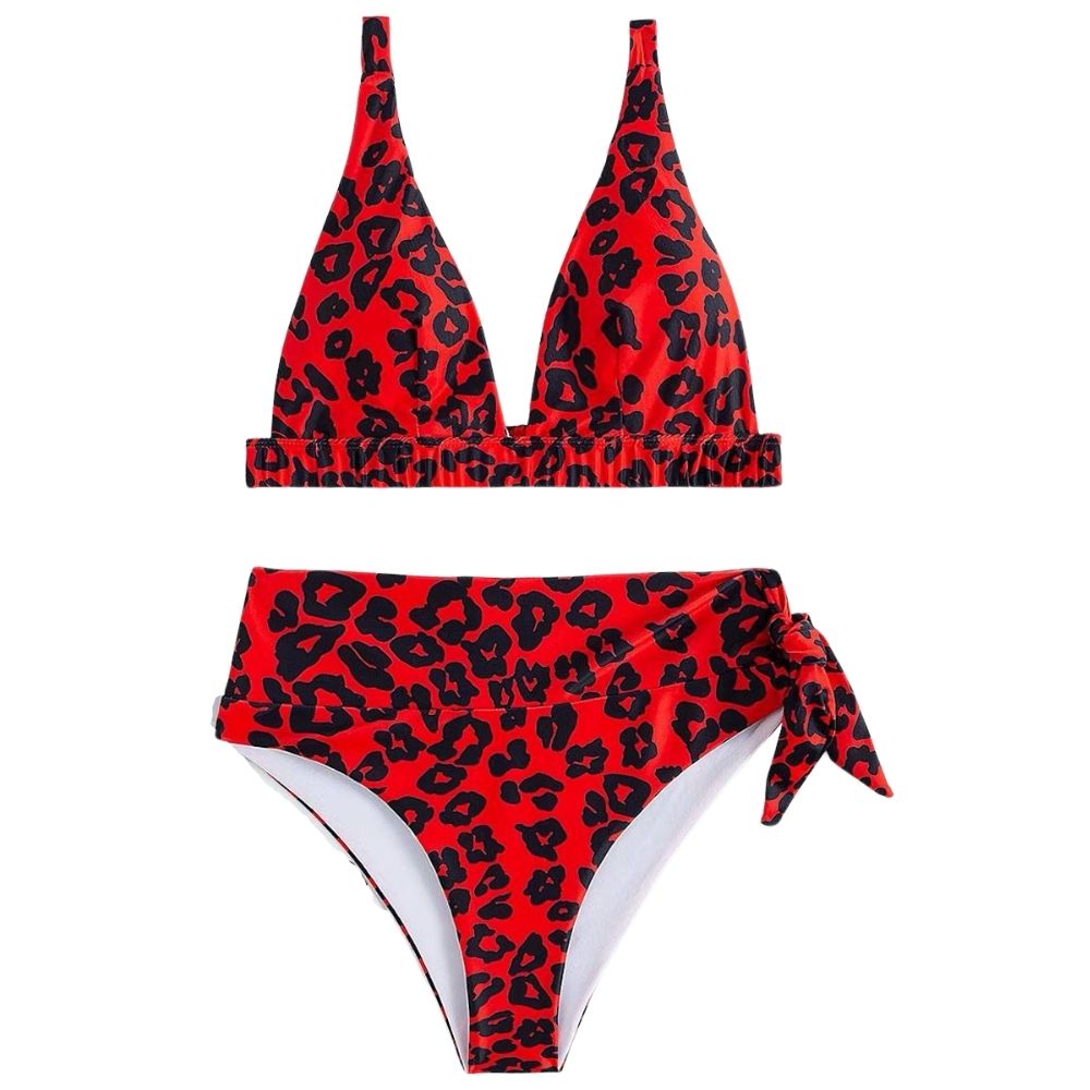 Red Leopard Print V Neck Two Piece Bikini Swimsuit Swimwear