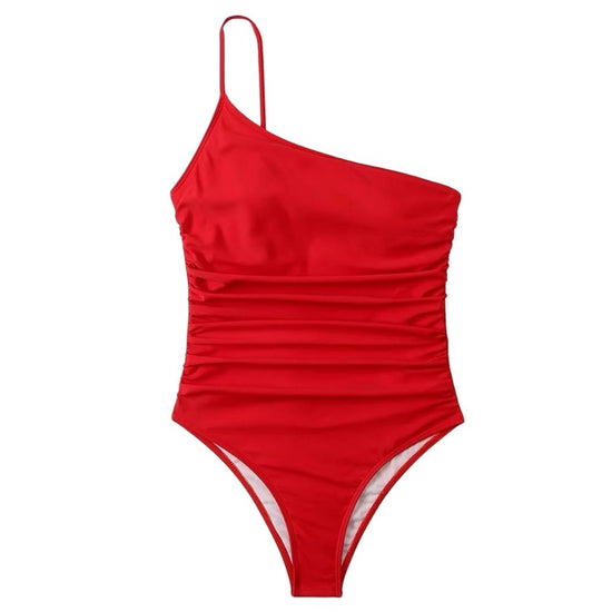 Red Ruched One Shoulder One Piece Swimsuit Swimwear