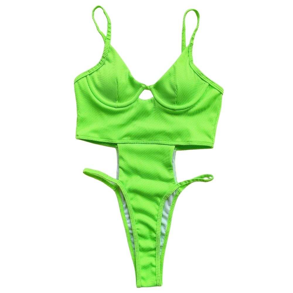 Green Ribbed Underwire One Piece Cut Out Swimsuit