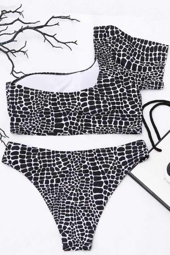 Snake Print One Shoulder Two Piece Bikini Swimsuit Swimwear