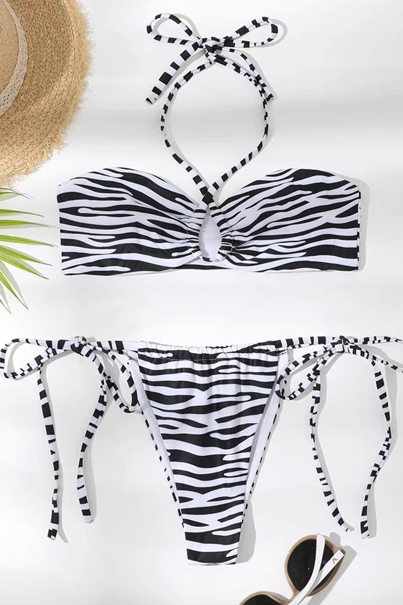 Load image into Gallery viewer, Zebra Print Drawstring Halter Neck Bikini Swimsuit
