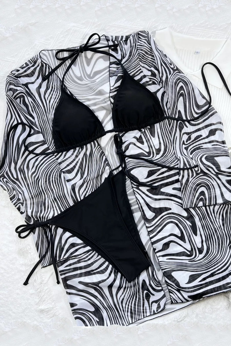 Zebra Print Three Piece Bikini Set with Coverup Swimsuit Swimwear Bathing Suit