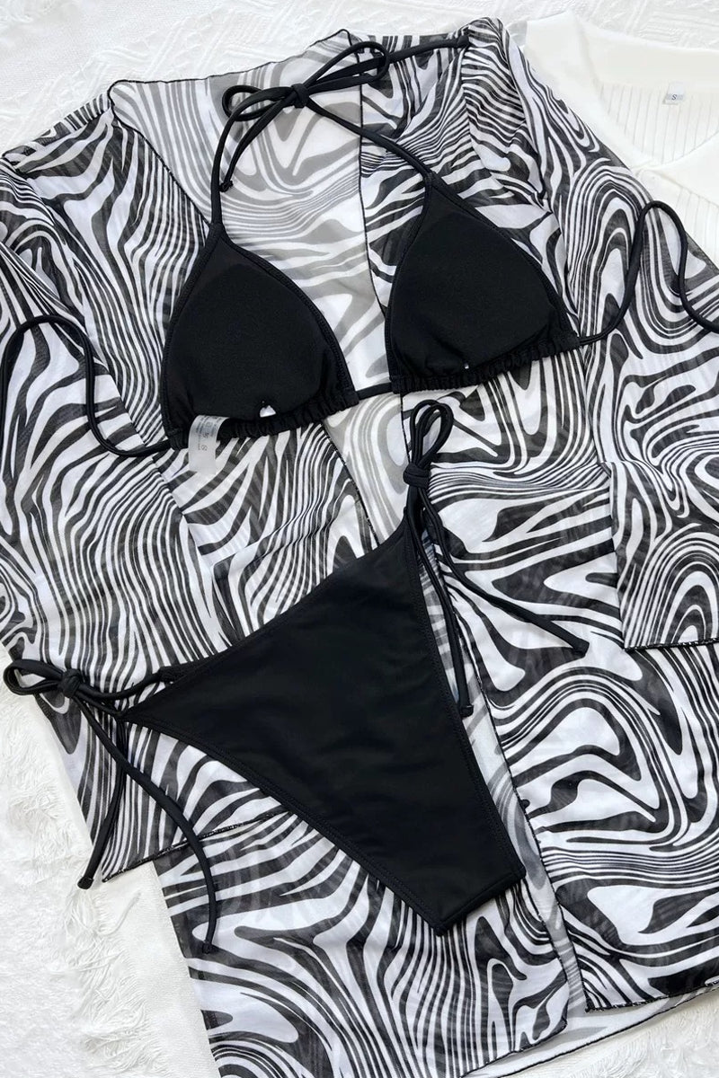 Zebra Print Three Piece Bikini Set with Coverup Swimsuit Swimwear Bathing Suit