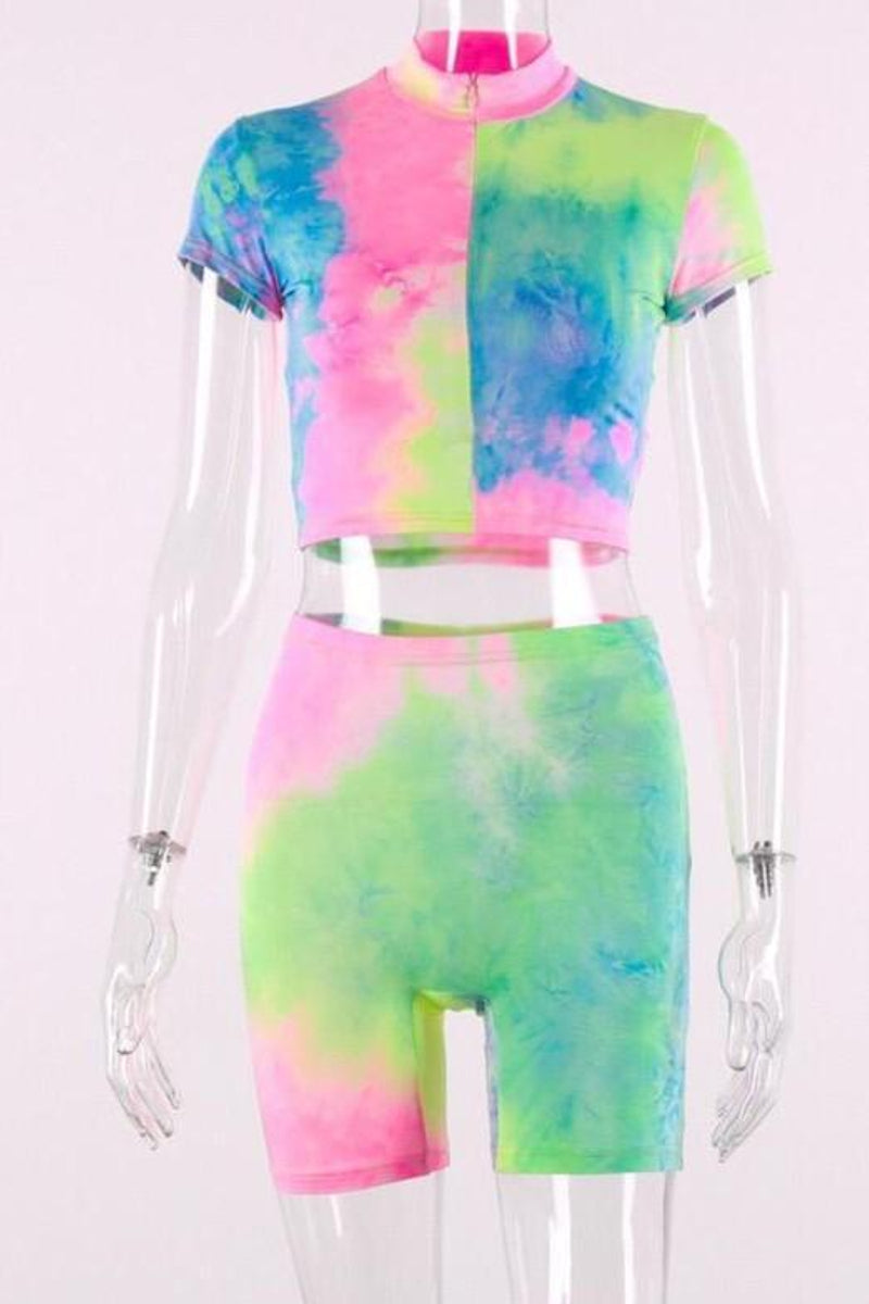 Load image into Gallery viewer, Unicorn Tie and Dye zip biker short zip crop top
