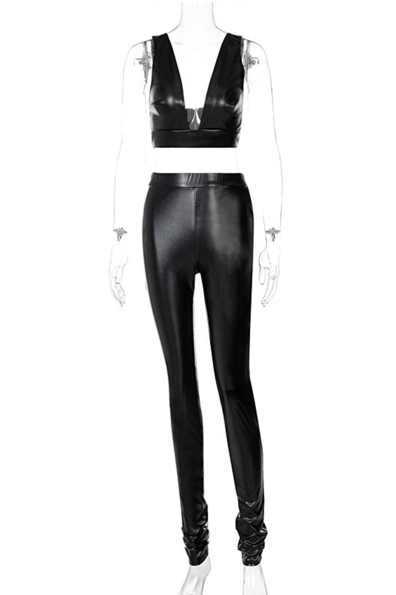 Black Faux Leather Crop Top and Pant Set