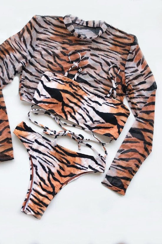 Load image into Gallery viewer, 3 piece Tiger Print Bikini Set with Sheer Cover up Top

