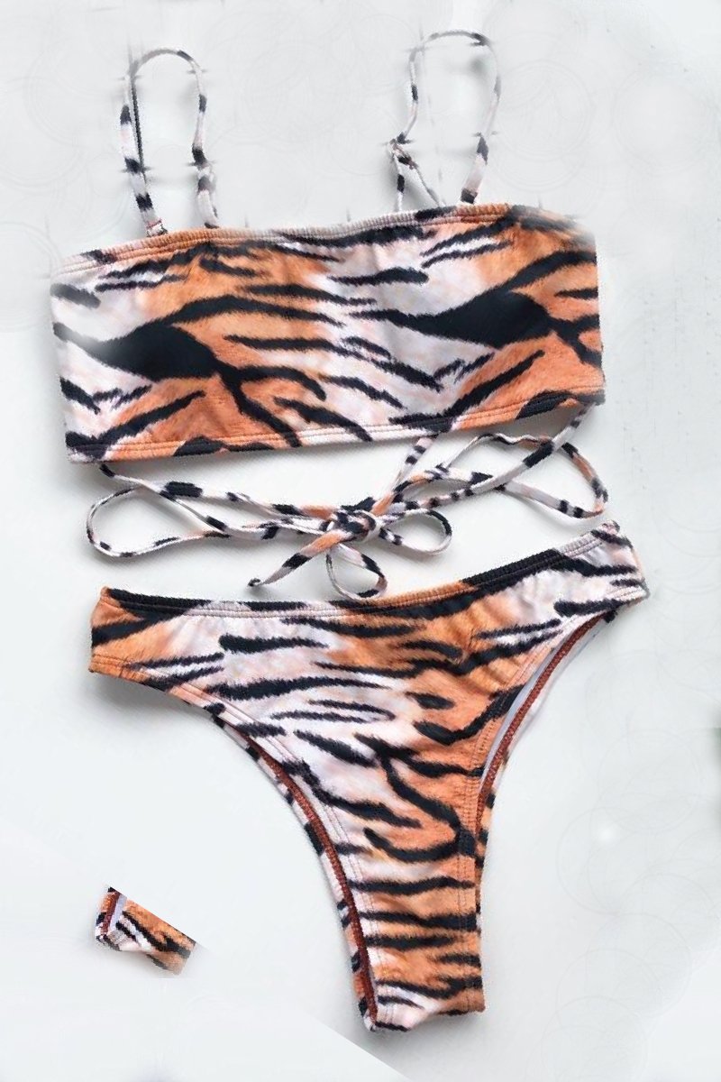 3 piece Tiger Print Bikini Set with Sheer Cover up Top