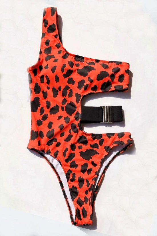 Load image into Gallery viewer, Red Leopard Side Elastic Strap One Piece Swimsuit Swimwear
