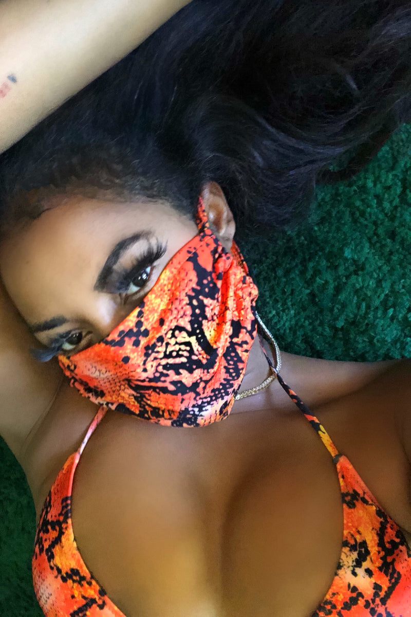Orange Python Print Bikini Set with Mask
