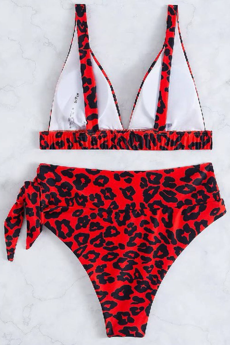 Red Leopard Print V Neck Two Piece Bikini Swimsuit Swimwear