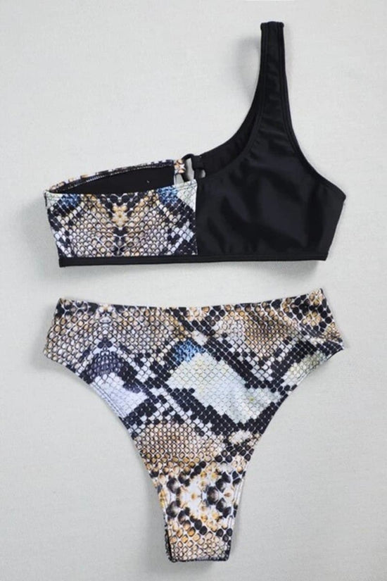 Load image into Gallery viewer, Black and Python Print High Waist Bikini Set
