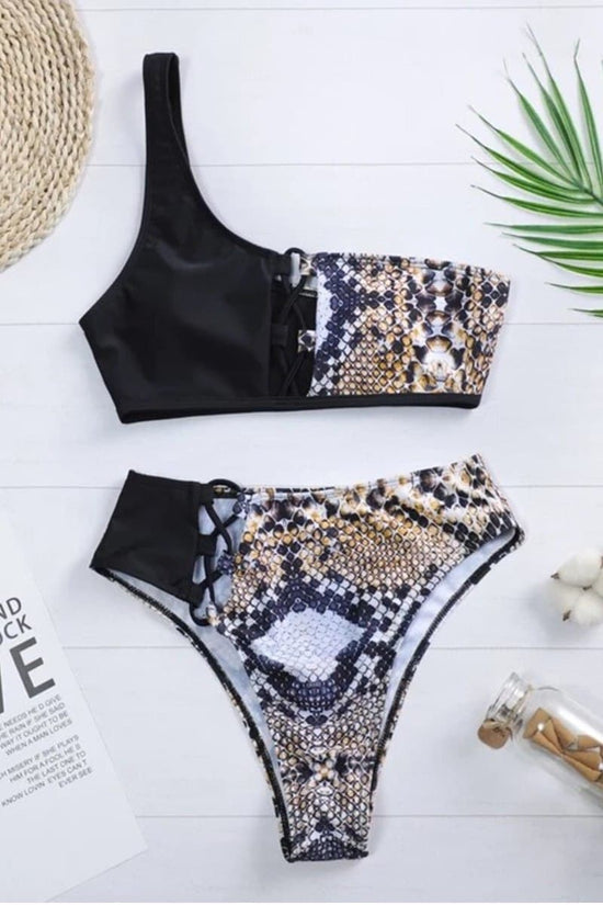 Black and Python Print High Waist Bikini Set