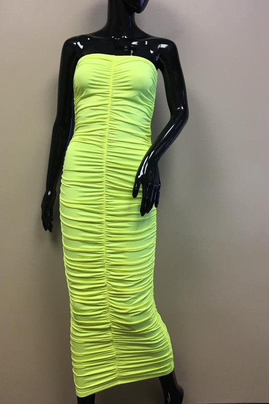 Load image into Gallery viewer, Neon Green Ruched Sleeveless Dress Clothing
