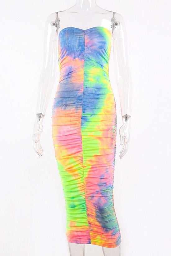 Load image into Gallery viewer, Unicorn Tie and Dye Ruched Strapless Dress
