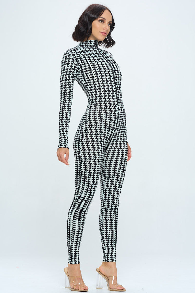 Hounds Tooth Plaid Front Zipper Long Sleeve Jumpsuit