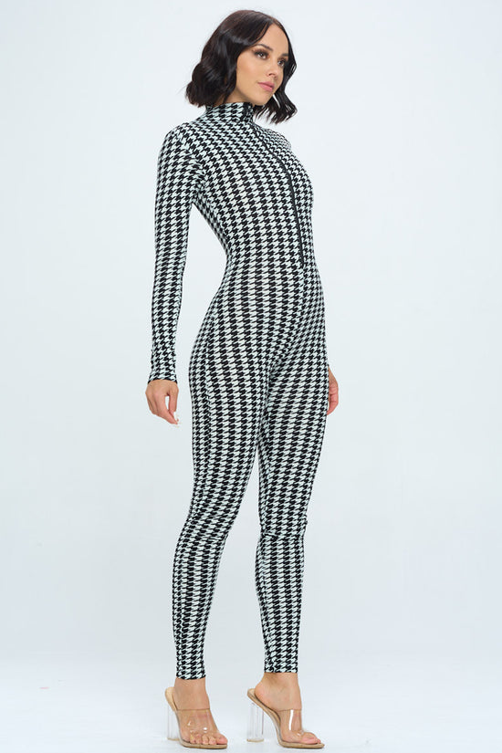 Hounds Tooth Plaid Front Zipper Long Sleeve Jumpsuit